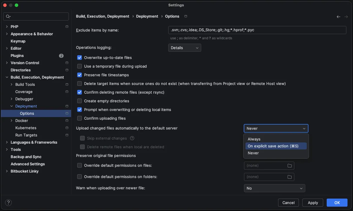 Screenshot: Automatic upload settings