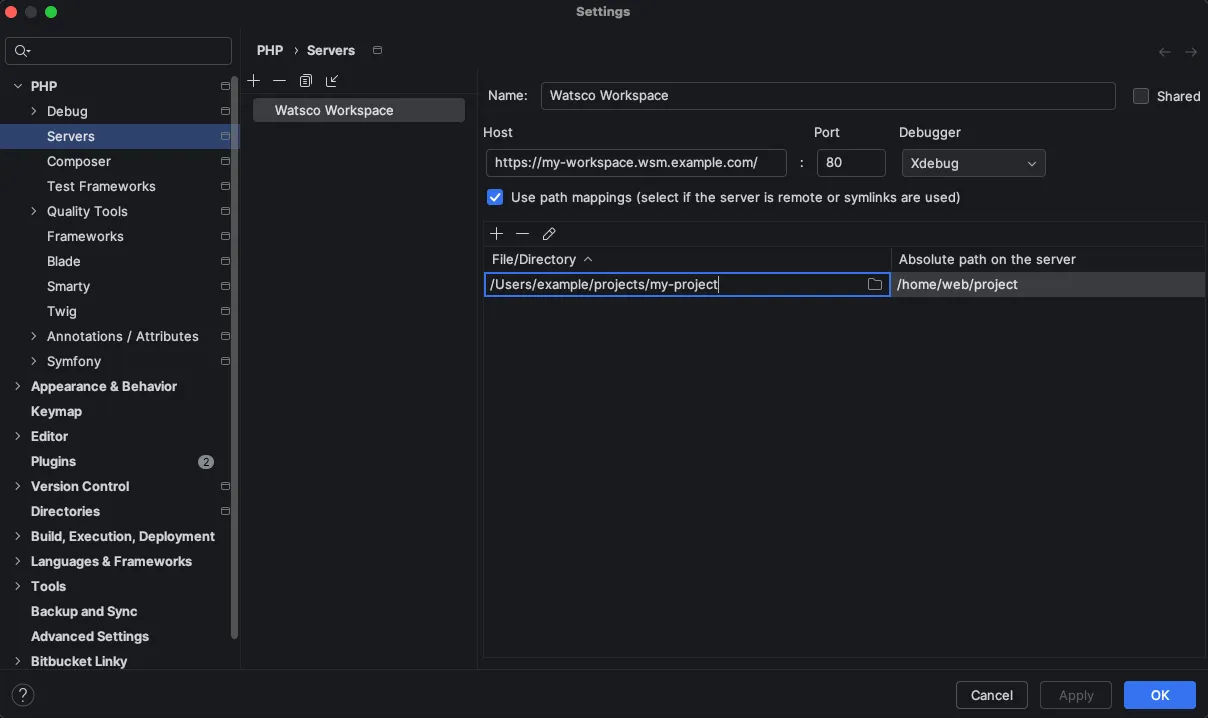 Screenshot: PHP server path mappings