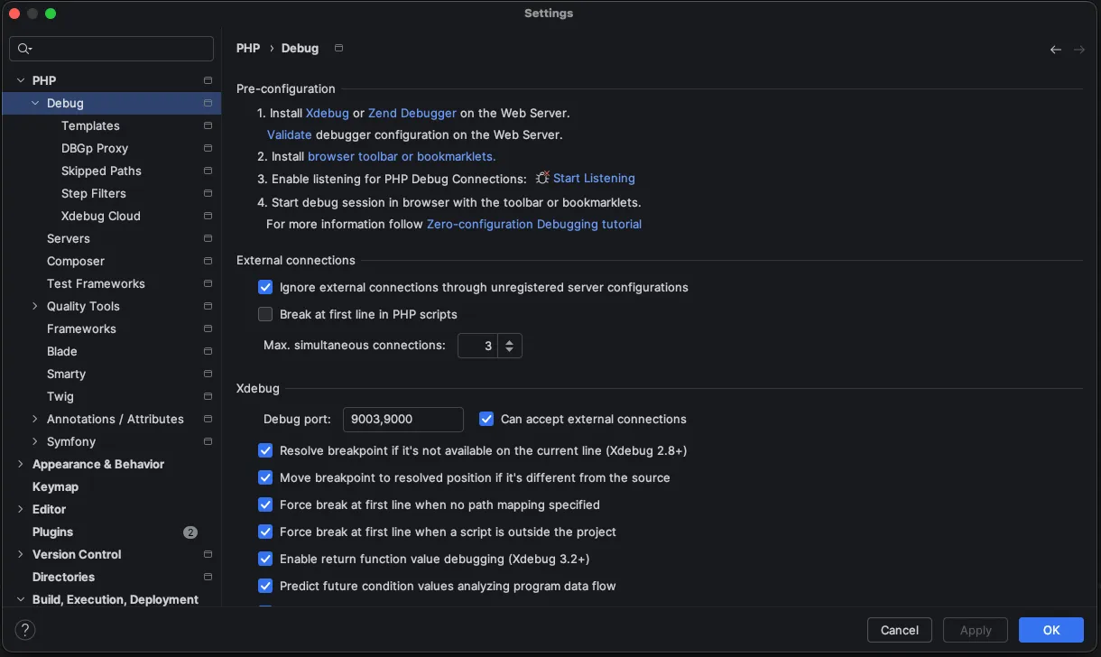 Screenshot: PhpStorm debug settings