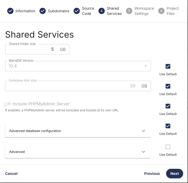 Shared services configuration step